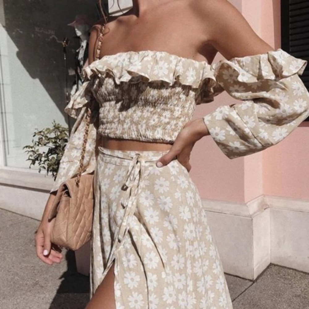 Beige Floral Off-Shoulder Skirt Set with Smocked Crop Top